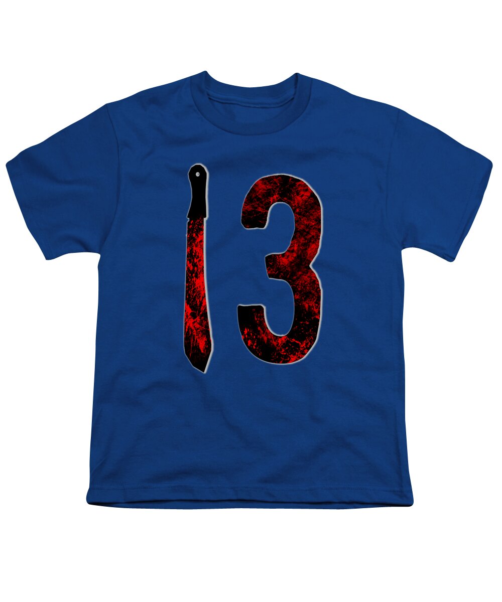 Royal blue youth horror T-shirt with large red and black “13” graphic.