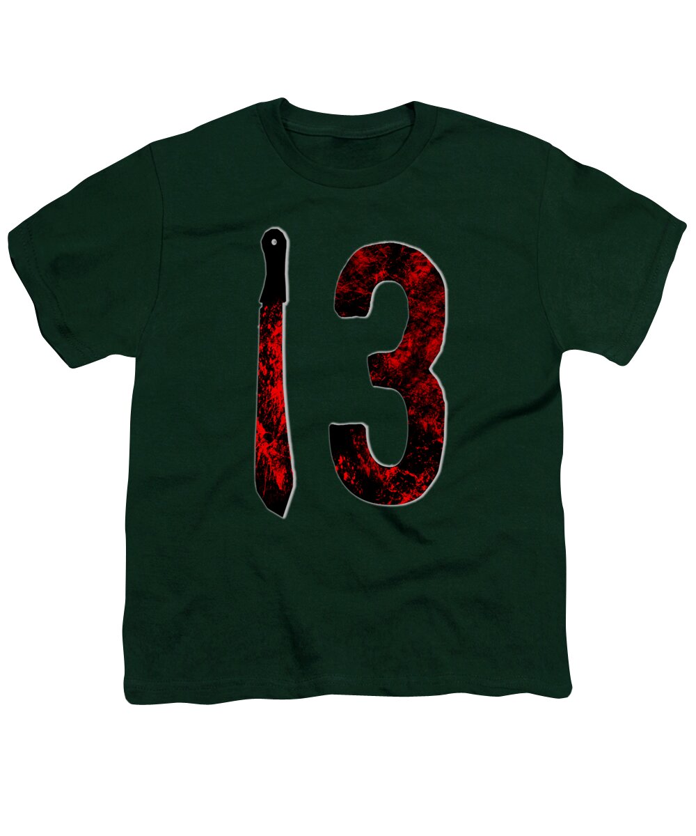 Youth dark green T-shirt with red distressed number 3 and dagger graphic on front