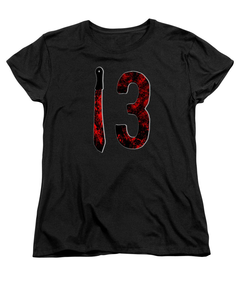 Women’s black T-shirt with large “13” graphic featuring red splatter and black details
