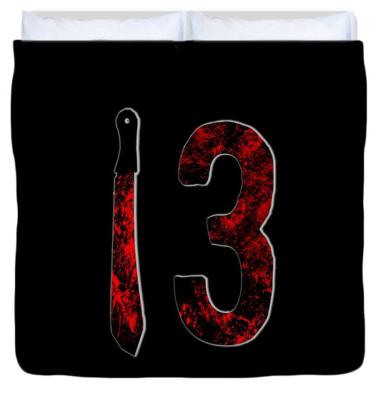 Black duvet cover with red distressed "13" and long dagger graphic