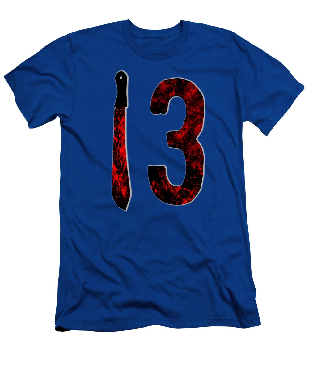Royal blue T-shirt with distressed red number 3 graphic and vertical dagger