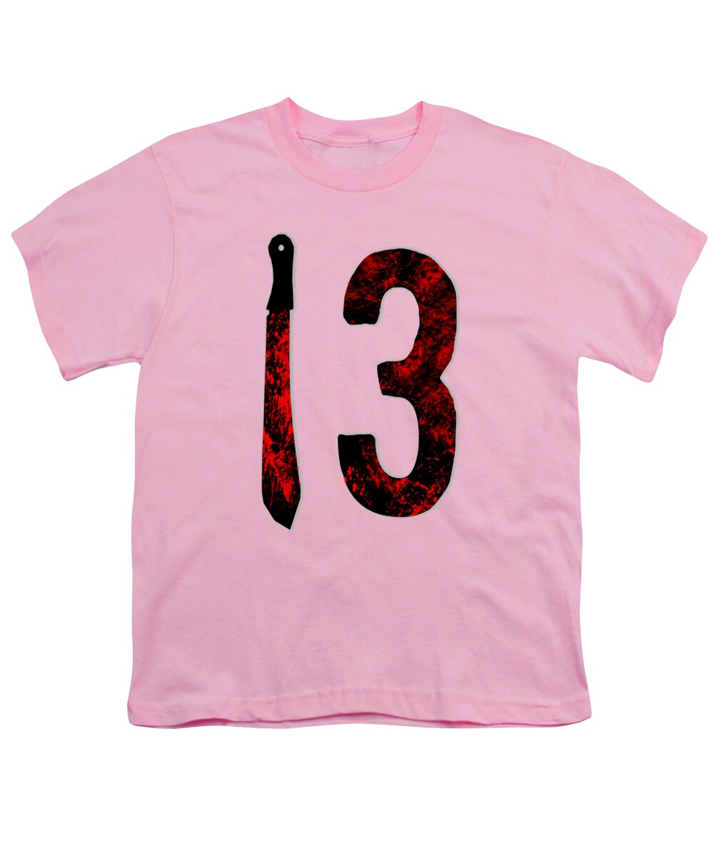 Pink youth horror T-shirt with large red and black “13” graphic.
