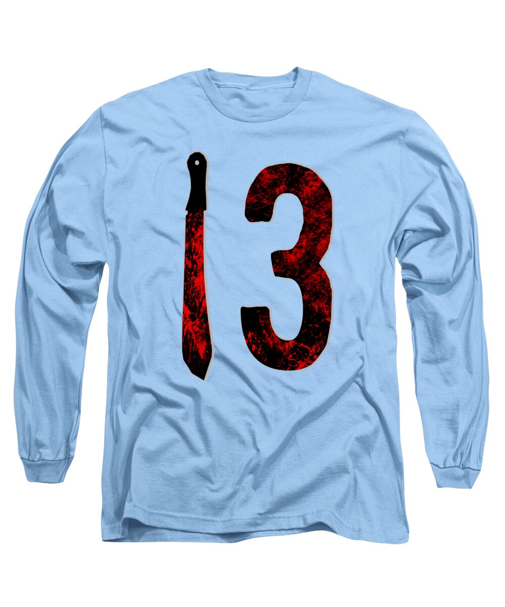 Light blue long sleeve T-shirt with red-and-black "13" and dagger graphic.