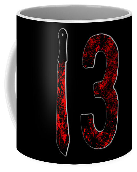 Black mug with red distressed number 3, knife graphic, white interior rim