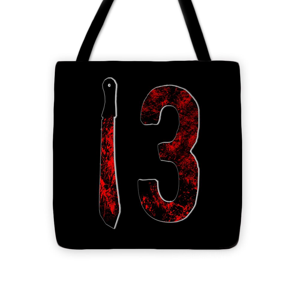 Black tote bag, '3' and dagger prints in red with distressed texture