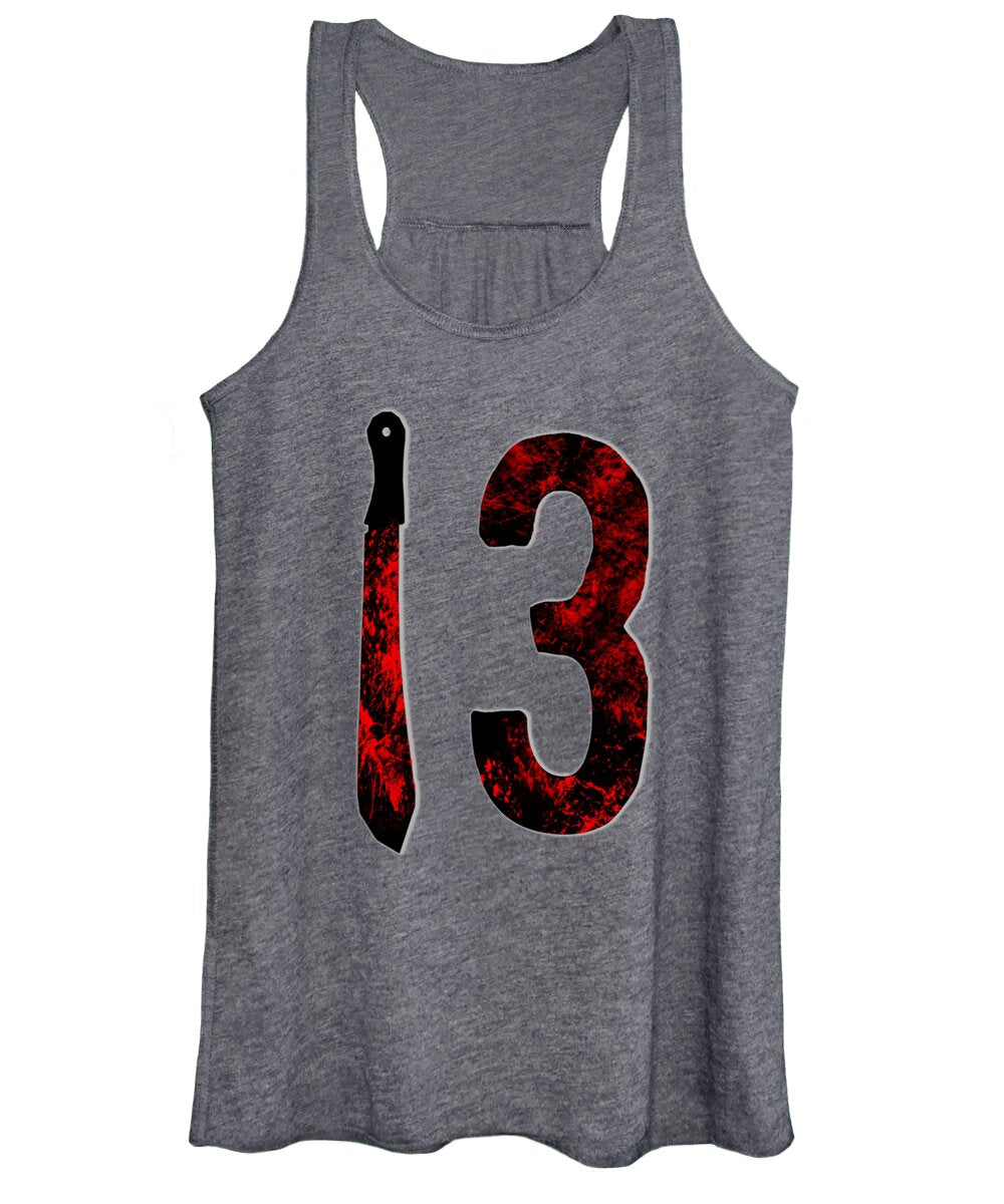 Women's tank top, heather charcoal, distressed 13 front graphic