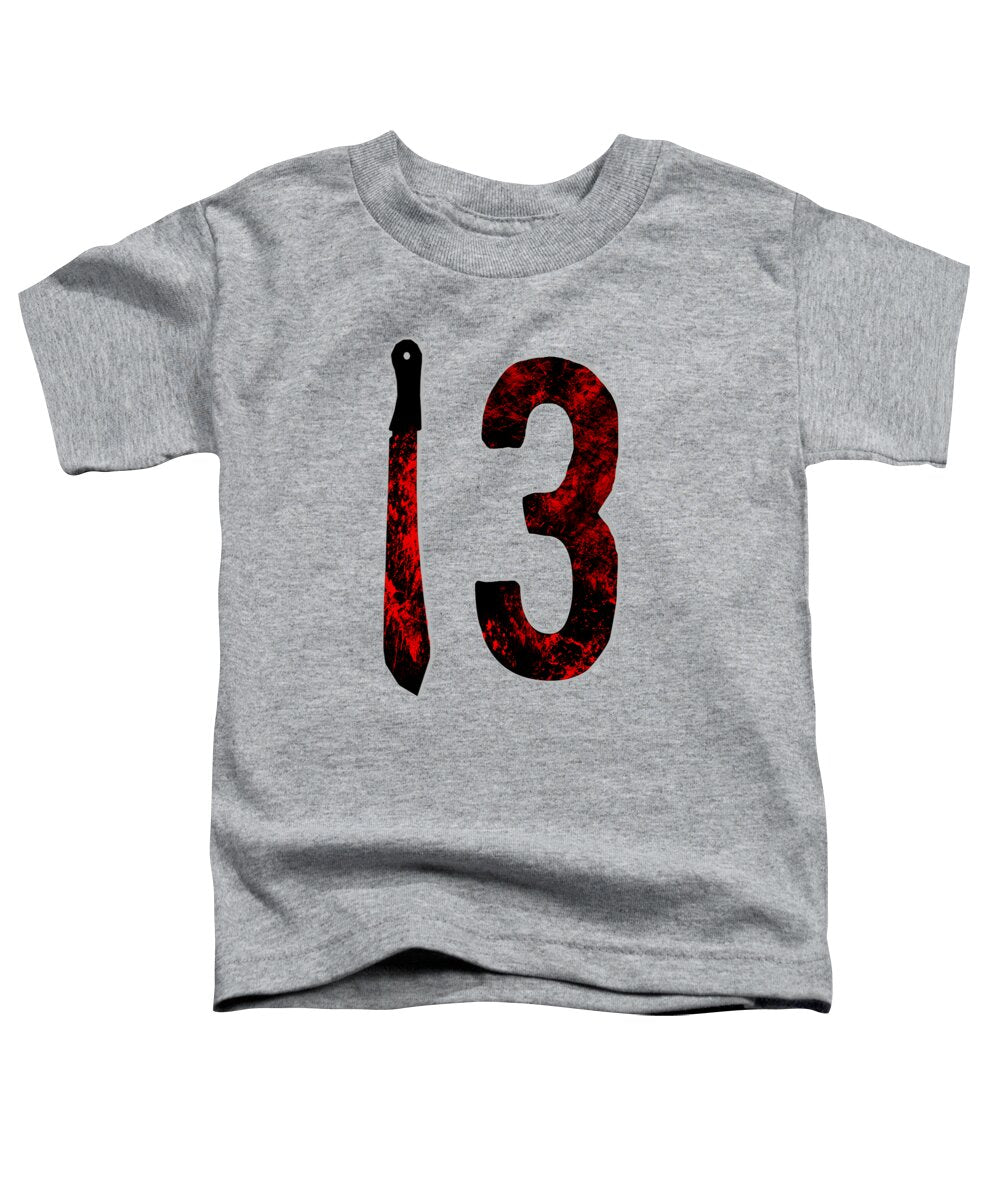 Heather gray toddler horror t-shirt with "13" graphic and dagger print on front