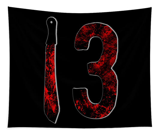 Horror tapestry with dagger and large red distressed number 3 on black