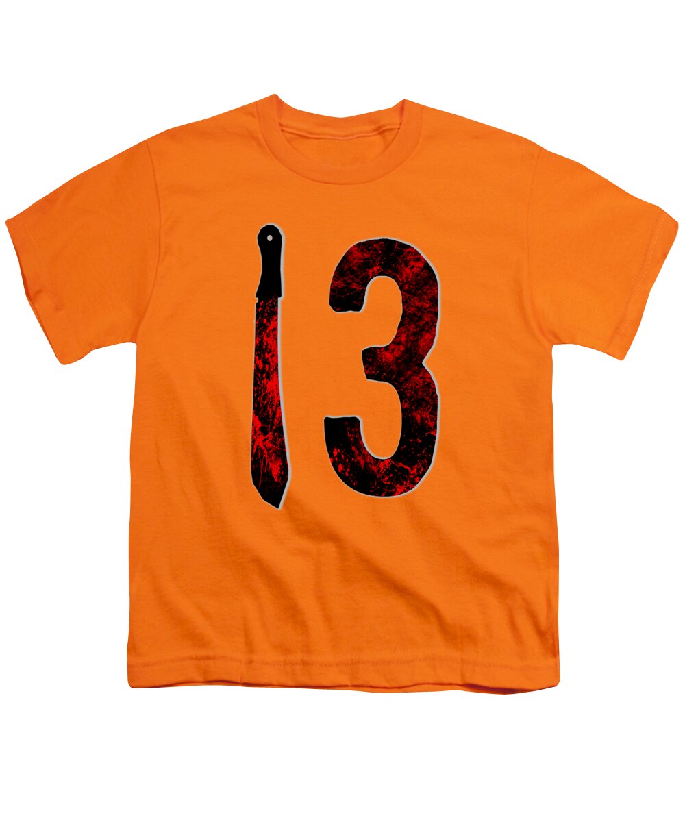 Orange youth horror T-shirt with large red and black “13” graphic.