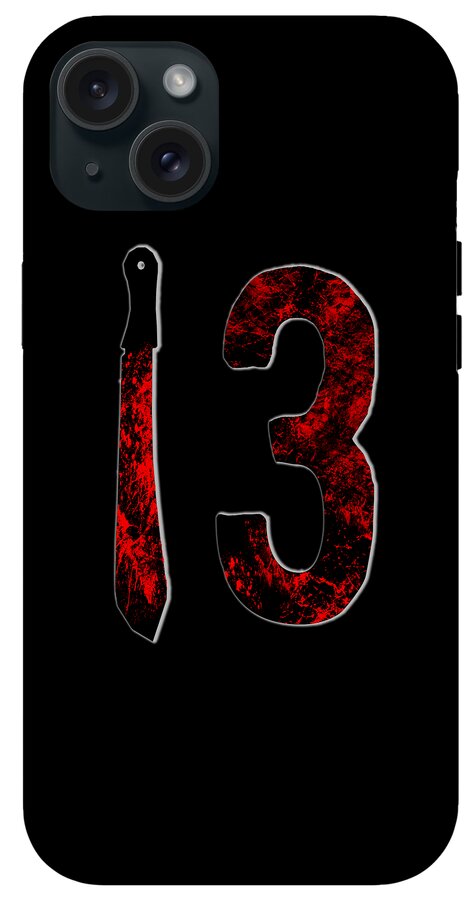 Phone case with red splatter knife and distressed number 3 artwork on black.