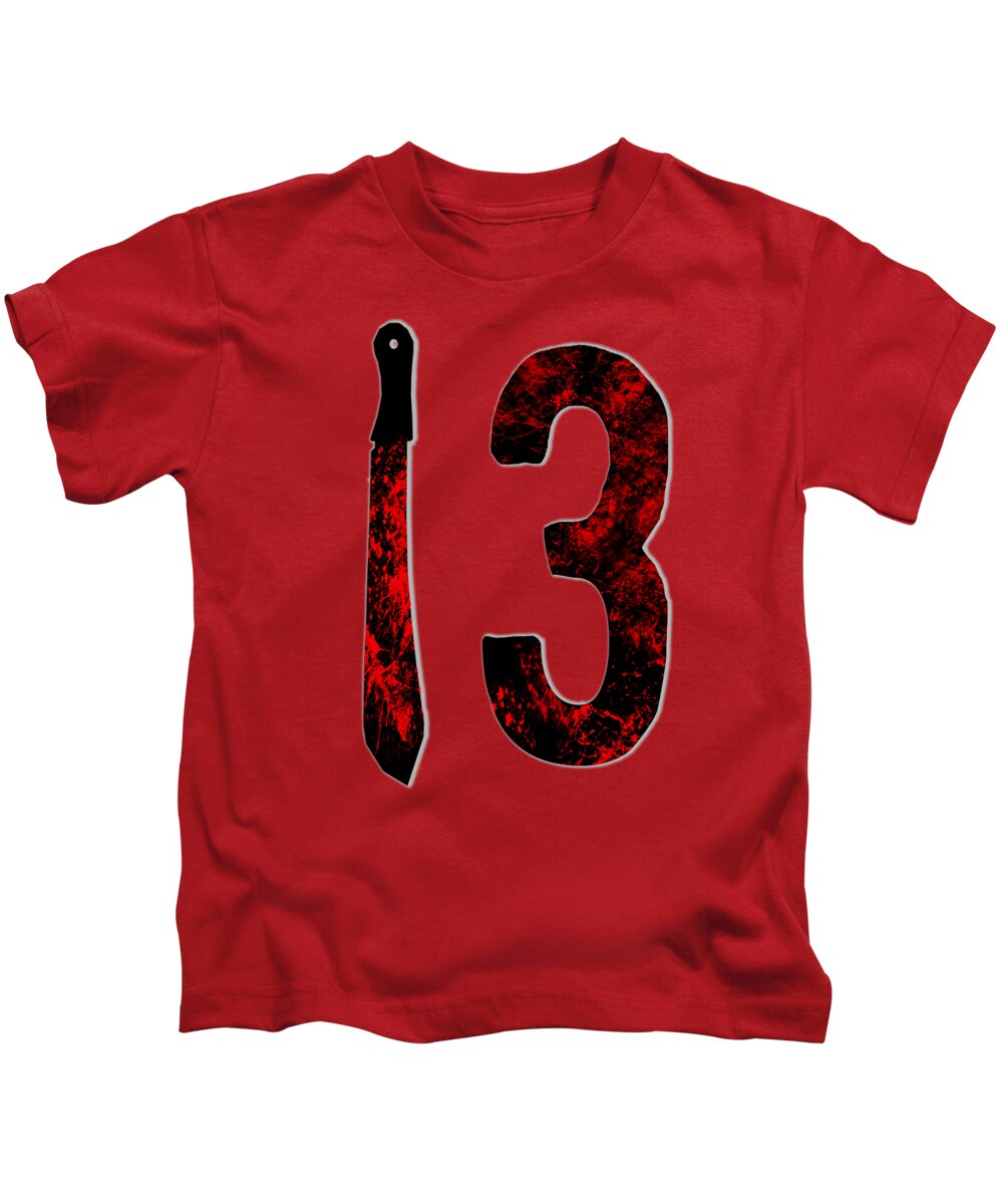 Kids T-shirt in red with large 13 and dagger graphic print at center