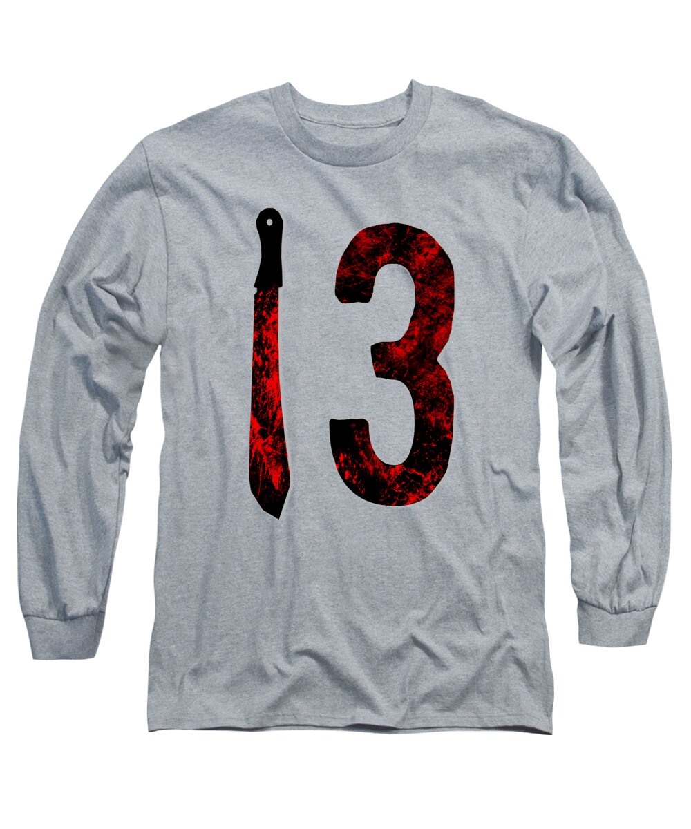 Heather gray long sleeve T-shirt with red-and-black "13" and dagger graphic.
