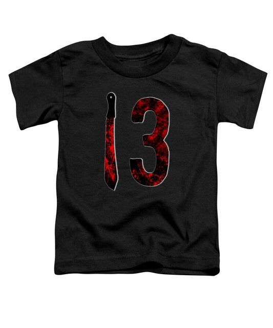 Black toddler horror t-shirt with "13" graphic and dagger print on front