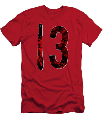 Red T-shirt with distressed black and red number 3 graphic and vertical dagger