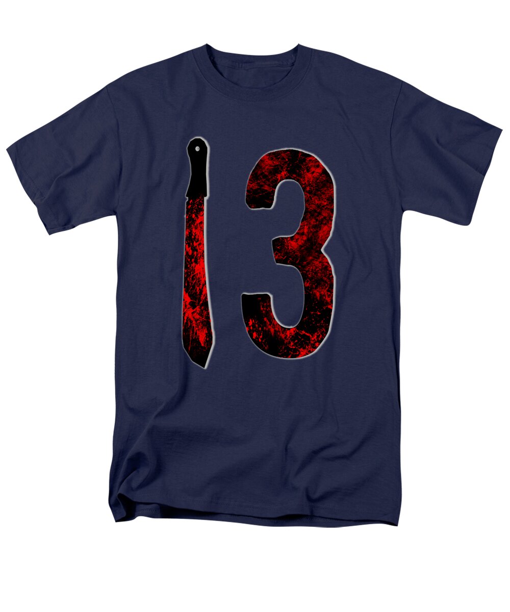 Men's graphic t-shirt, navy, black dagger and red speckled number 3 print