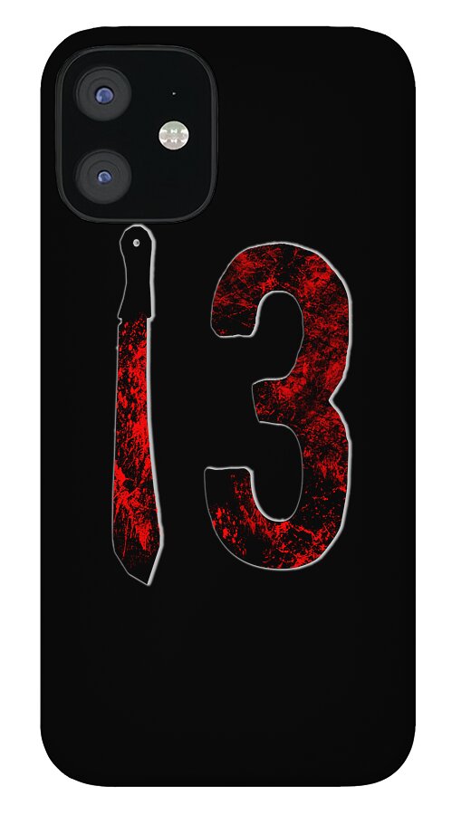 Black phone case with red speckled 3 and dagger artwork; camera cutout shown