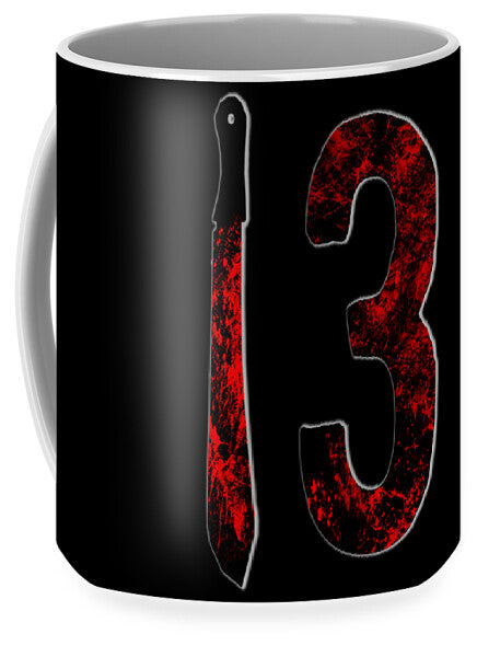 Black mug with red distressed number 3 and vertical knife graphic, white rim