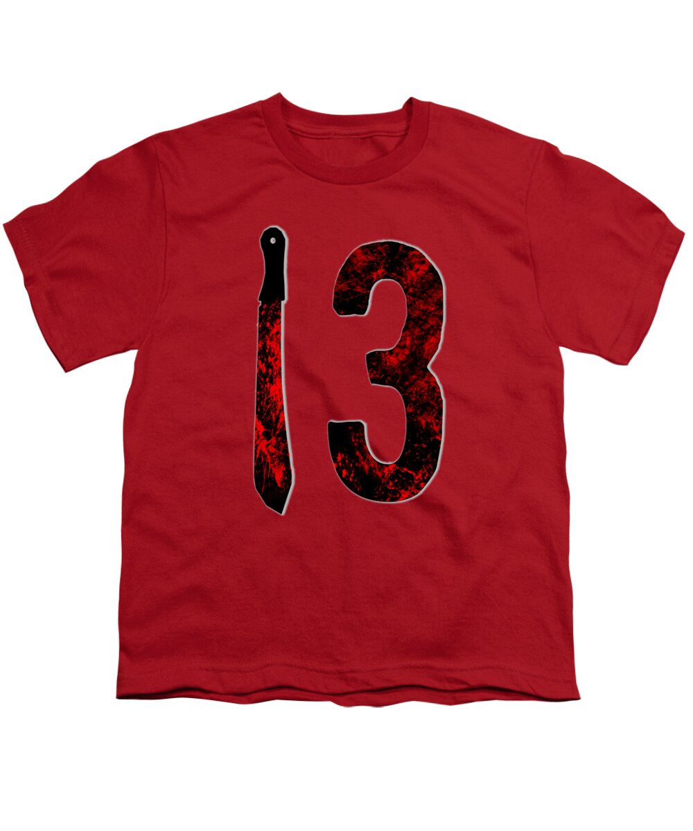 Red youth horror T-shirt with large red and black “13” graphic.