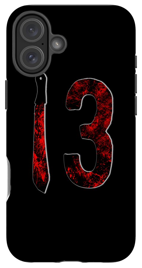 Phone case with red distressed 3 and knife graphic on black, triple rear camera lenses.