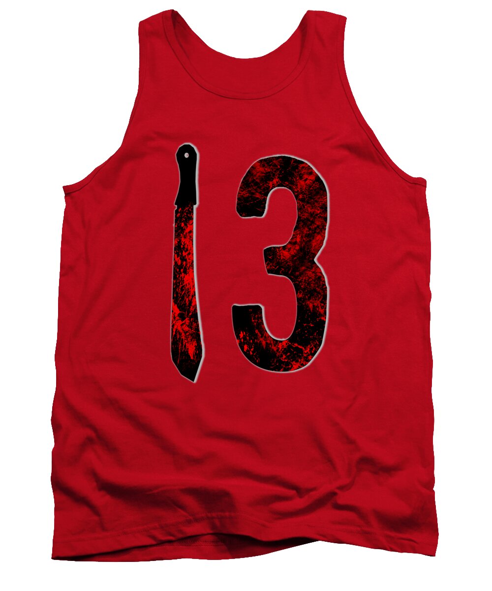 Red tank top with sleeveless crew neck and red/black "13" graphic print
