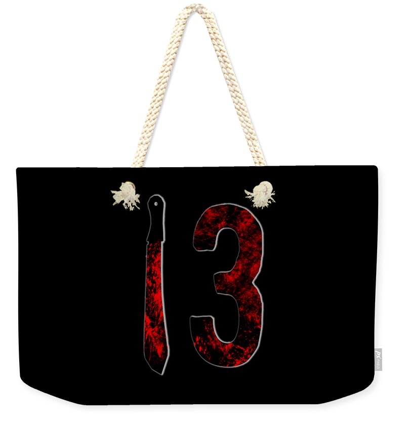 Weekender tote bag with natural rope handles, black canvas and red distressed “13” print.