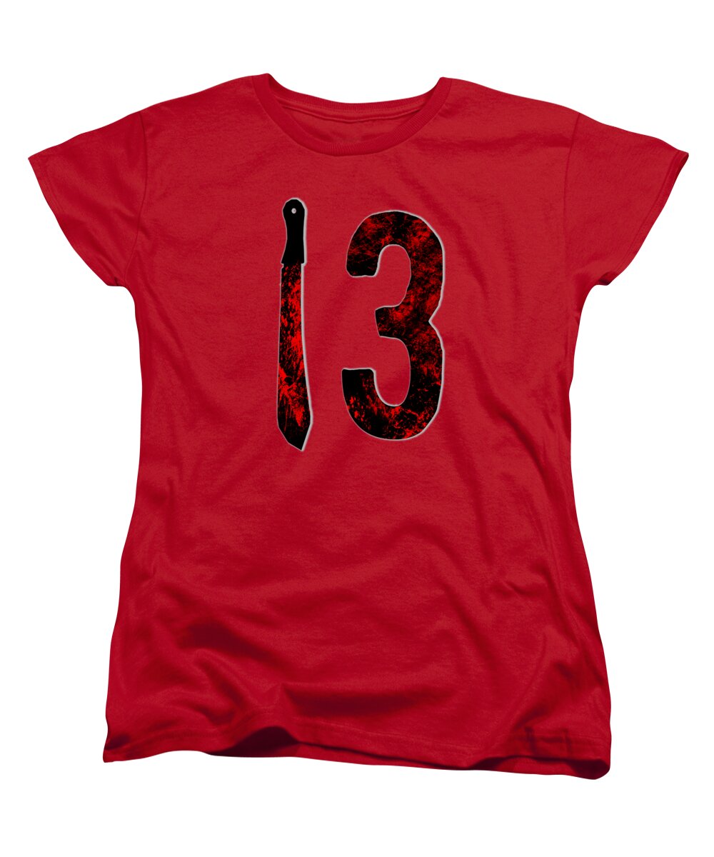 Women’s red T-shirt with large “13” graphic featuring red splatter and black details