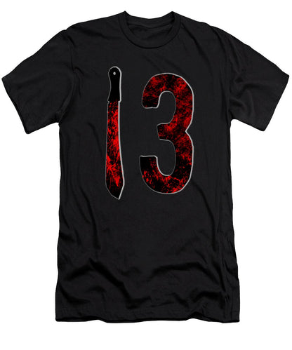 Black T-shirt with distressed red number 3 graphic and vertical dagger shape