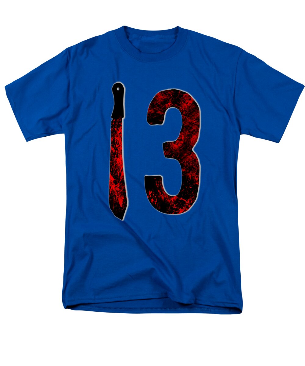 Men's graphic t-shirt, royal blue, black dagger and red speckled number 3 print