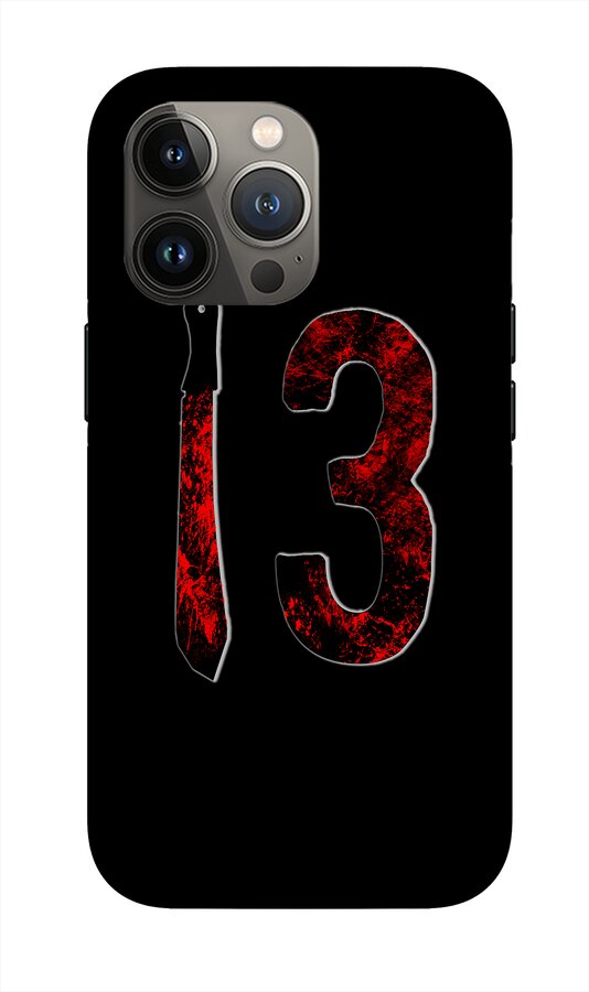 Black phone case with red number 3 and dagger design; triple camera visible