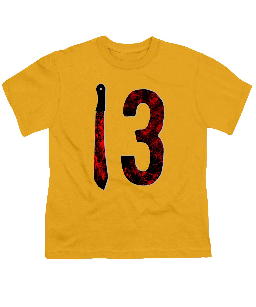 Youth yellow T-shirt with red distressed number 3 and dagger graphic on front