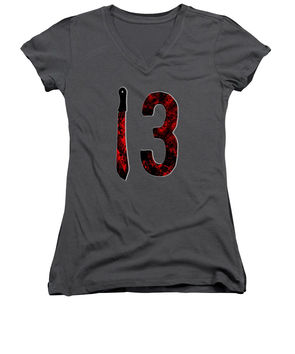 Women's V-neck T-shirt in dark gray with red-and-black '13' graphic
