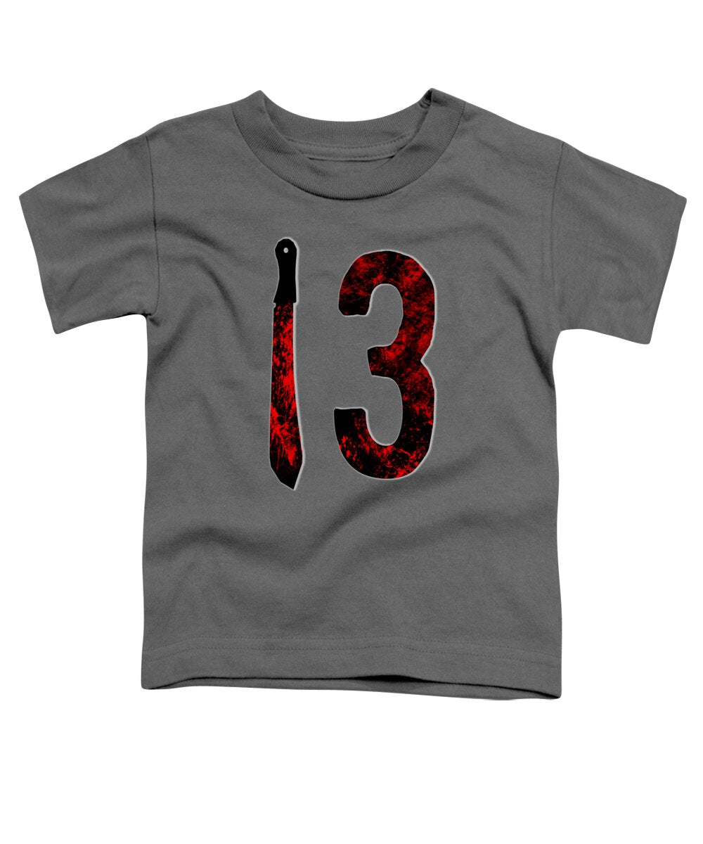 Charcoal toddler horror t-shirt with "13" graphic and dagger print on front