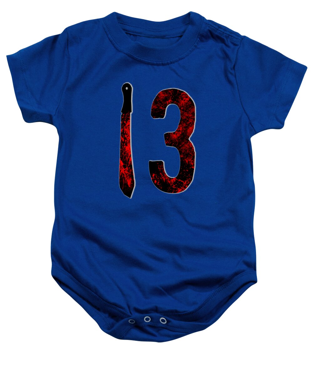 Blue short-sleeve baby onesie with large '13' graphic and candle-like icon