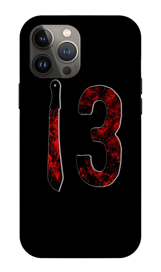 Black phone case with red number 3 and dagger graphic; triple-lens camera area