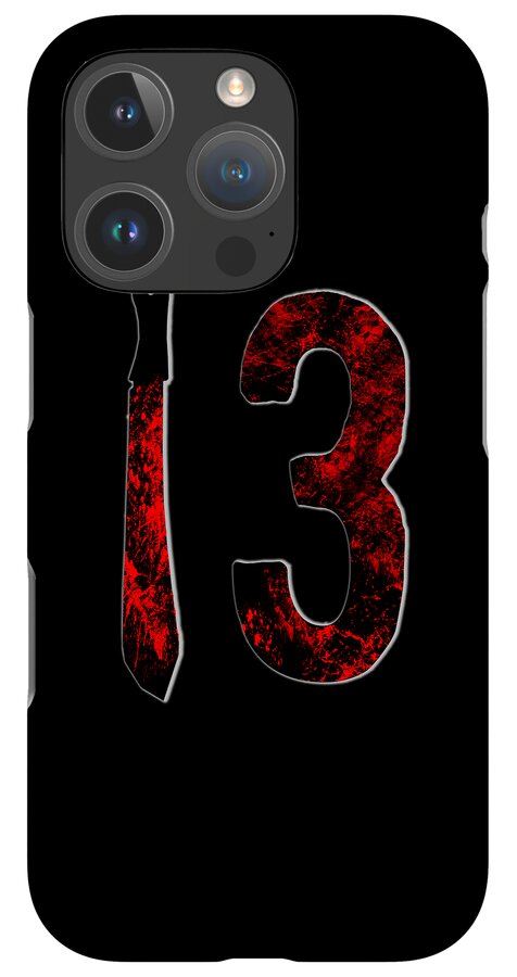Phone case with red distressed 3 and knife graphic on black, triple rear camera lenses.