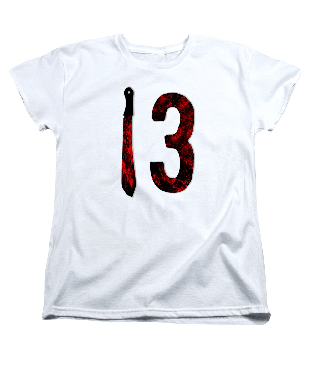 Women’s white T-shirt with large “13” graphic featuring red splatter and black details