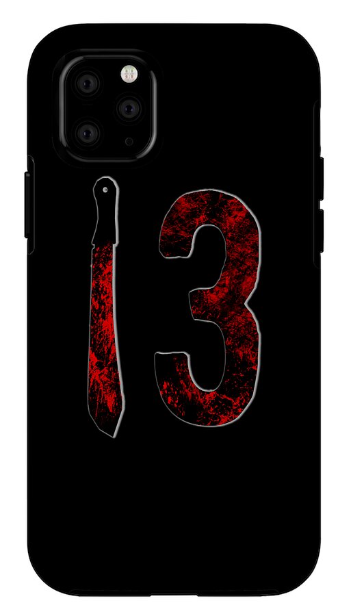 Black phone case with red distressed number 3 and knife graphic; raised camera area