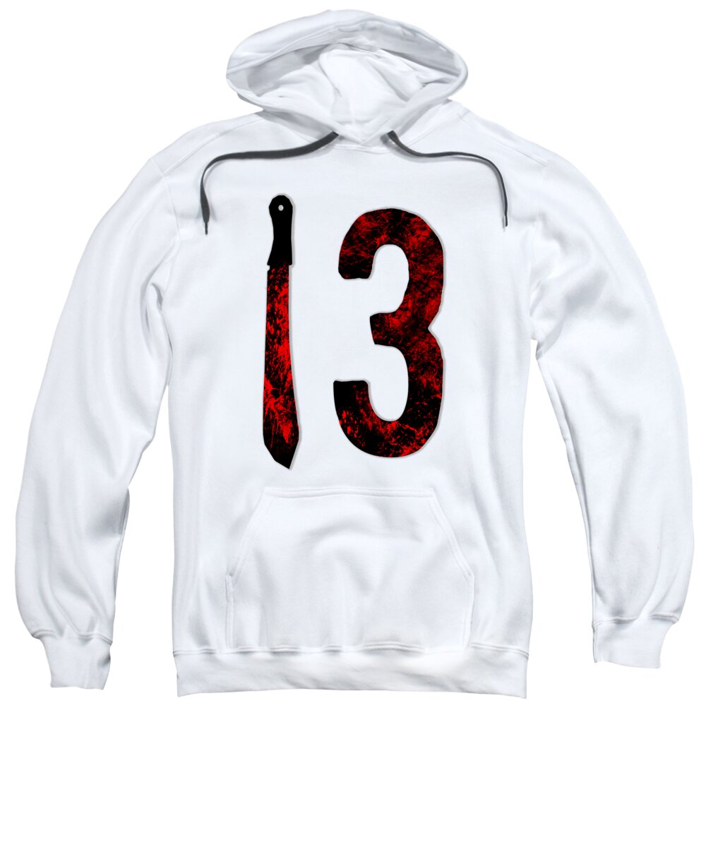White hoodie sweatshirt with large red distressed '3' front graphic and kangaroo pocket