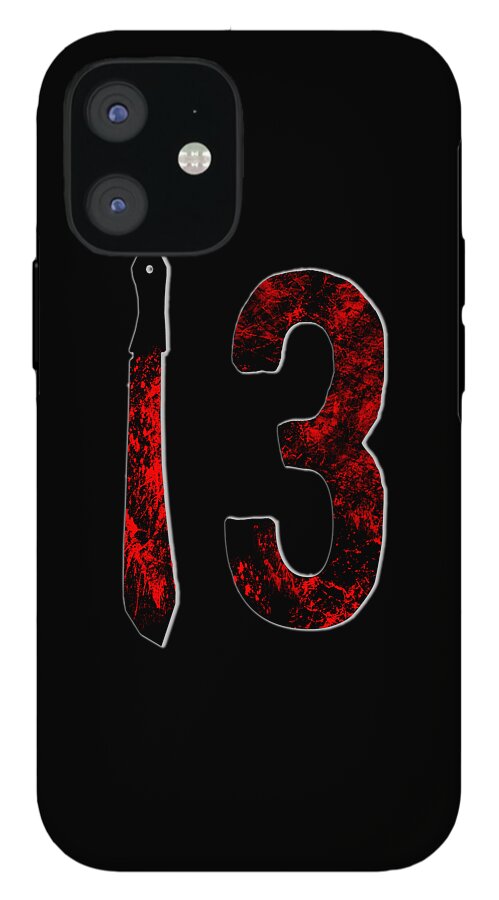 Black phone case with red number 3 and dagger design; dual camera visible