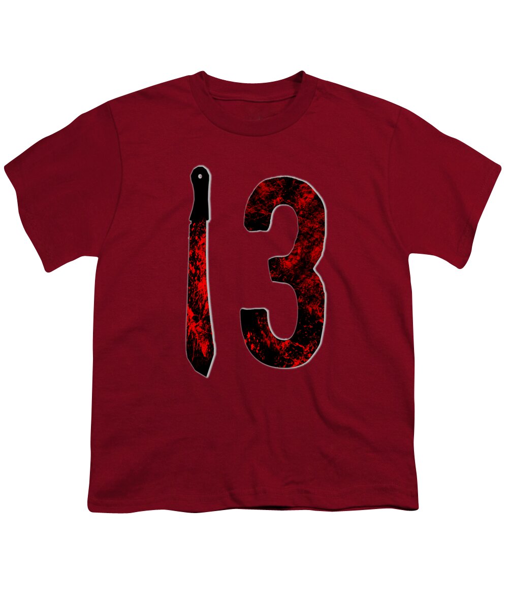 Youth red T-shirt with red distressed number 3 and dagger graphic on front
