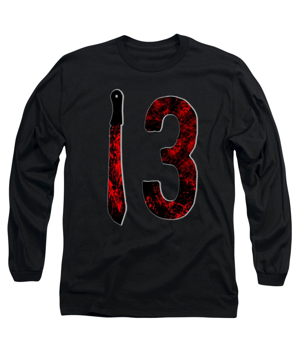 Black long sleeve T-shirt with red-and-black "13" and dagger graphic.
