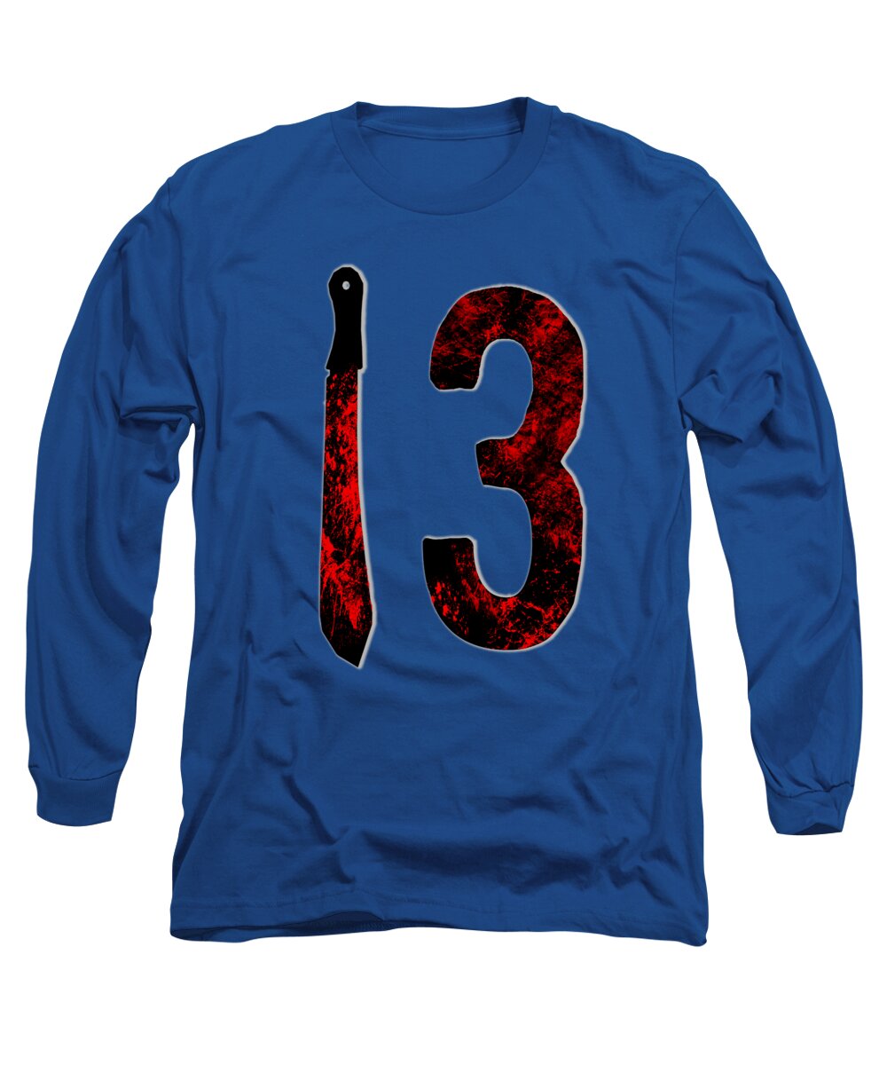 Blue long sleeve T-shirt with red-and-black "13" and dagger graphic.