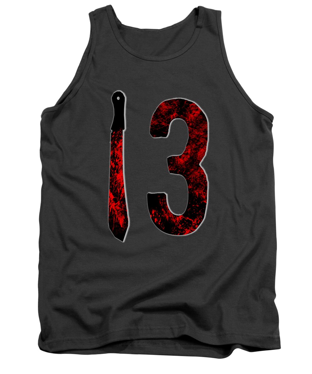Charcoal gray tank top with sleeveless crew neck and red/black "13" graphic print