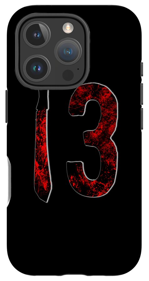 Phone case with red distressed knife and number 3 graphic on black.