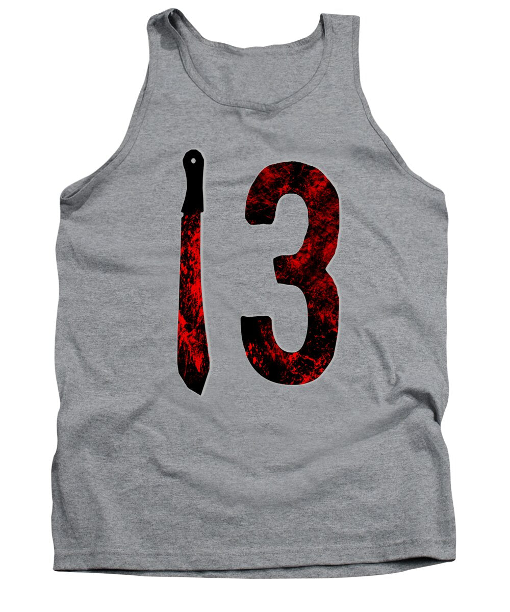 Heather gray tank top with sleeveless crew neck and red/black "13" graphic print