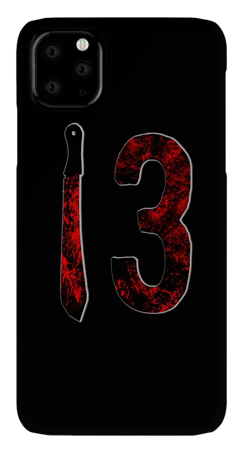 Black phone case with red distressed number 3 and knife illustration; camera cutout visible