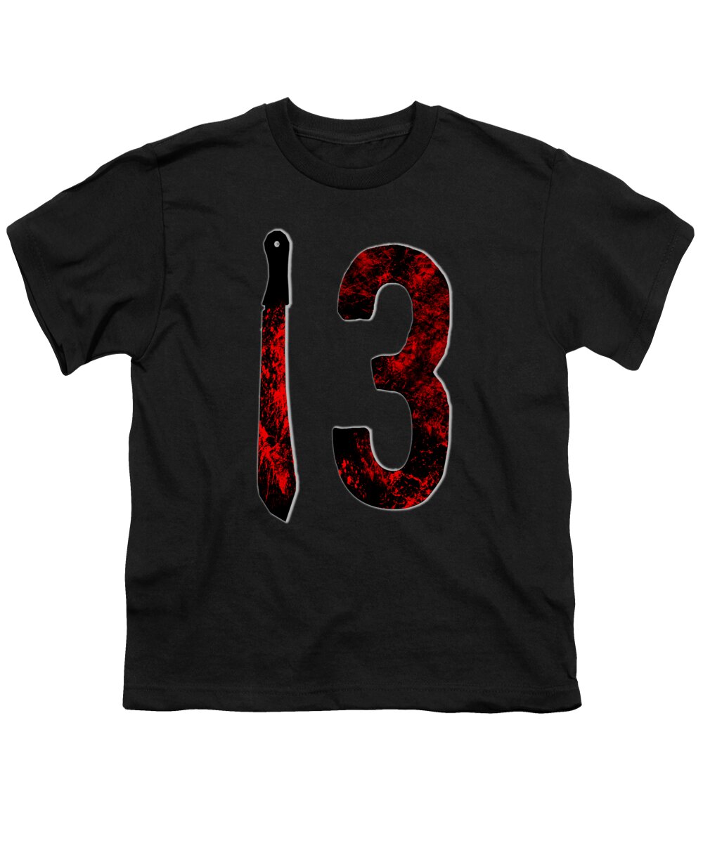 Youth black T-shirt with red distressed number 3 and dagger graphic on front