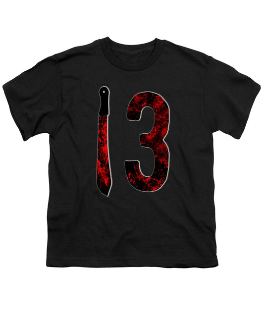 Youth black T-shirt with red distressed number 3 and dagger graphic on front