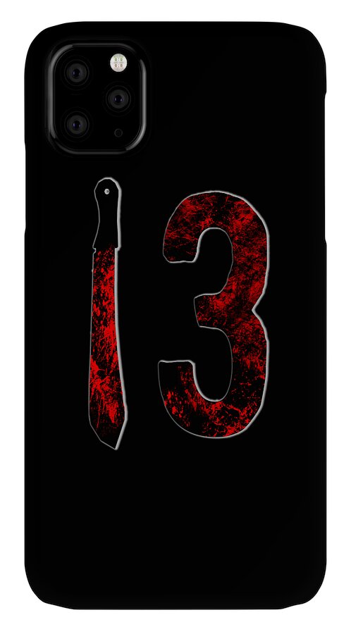 Black phone case with red distressed number 3 and knife illustration; camera cutout at top left