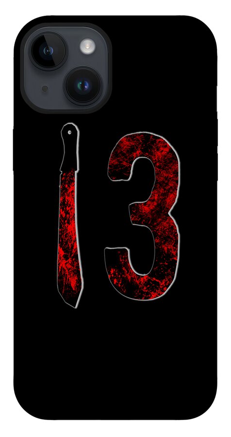 Black phone case with red distressed number 3 artwork beside knife.